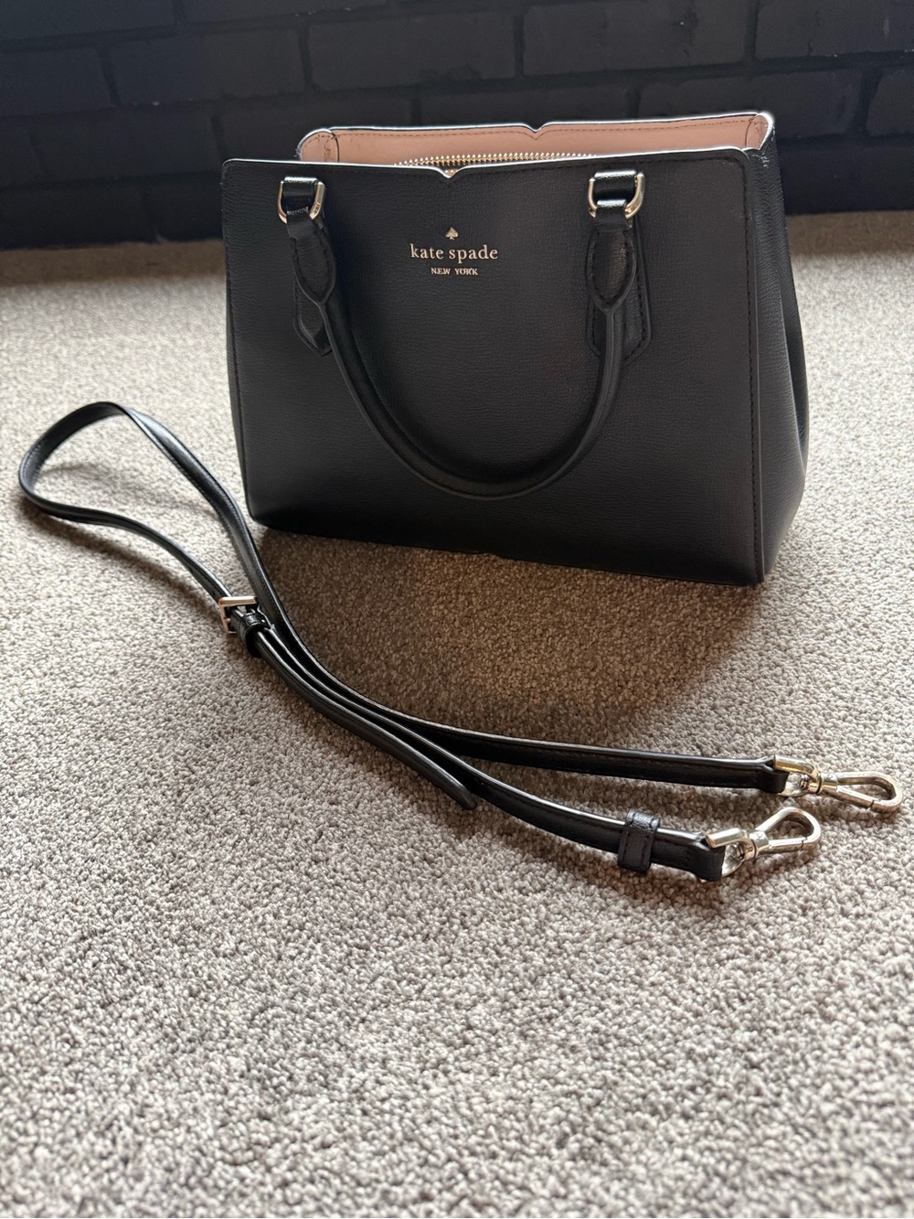 kate spade Black Leather Satchel with Detachable Strap and Gold Logo